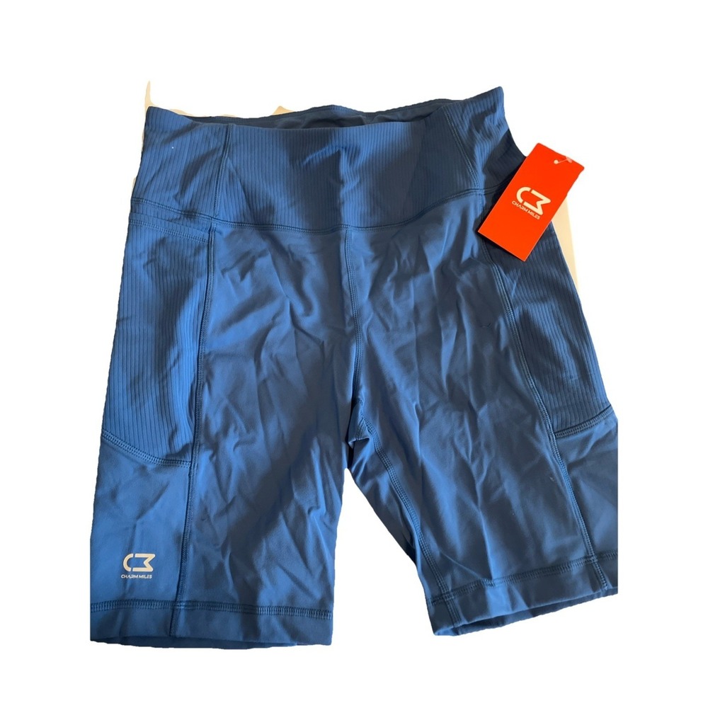Charm Miles Biker Yoga Shorts Women Medium Blue New Ribbed Pockets AZFW23Y002